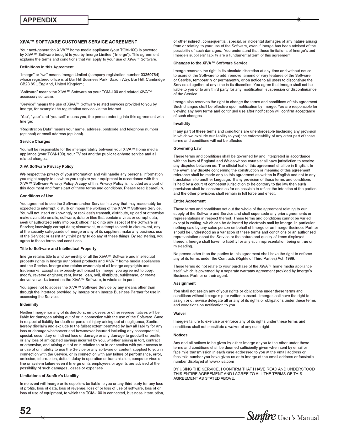 Sunfire TGM-100C user manual XiVA Software Customer Service Agreement 