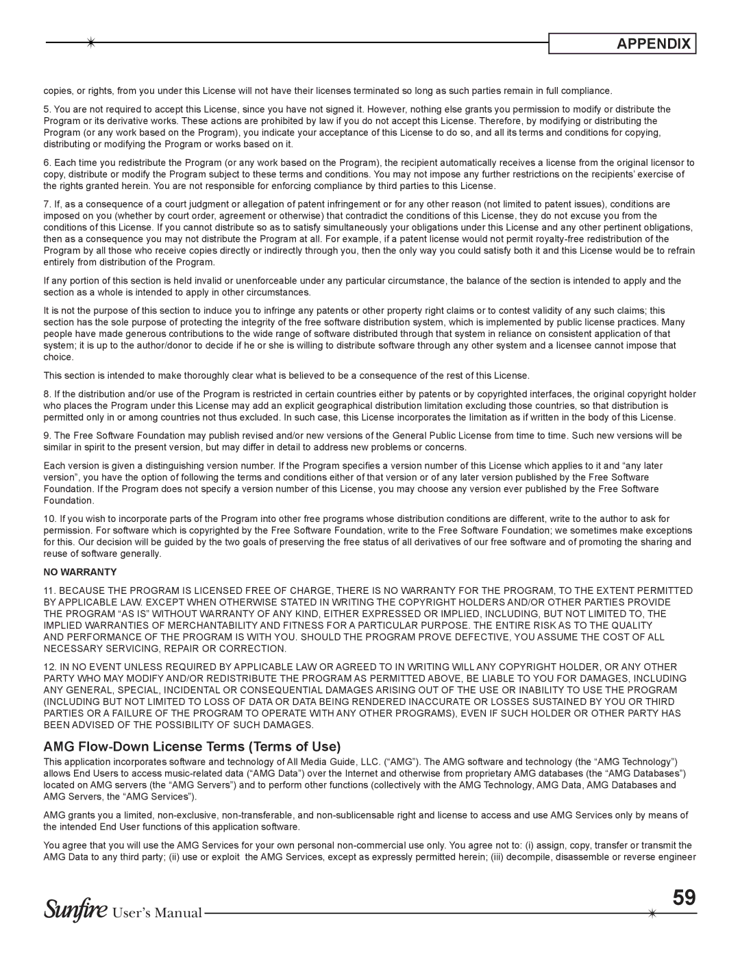Sunfire TGM-100C user manual AMG Flow-Down License Terms Terms of Use, No Warranty 