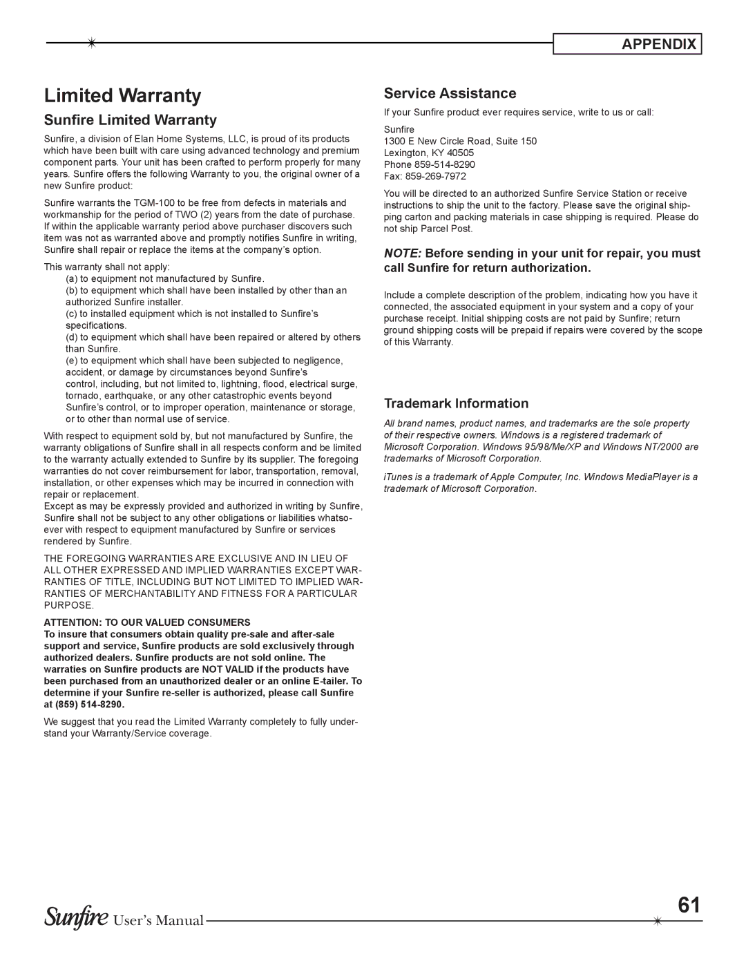 Sunfire TGM-100C user manual Sunfire Limited Warranty, Service Assistance, Trademark Information 