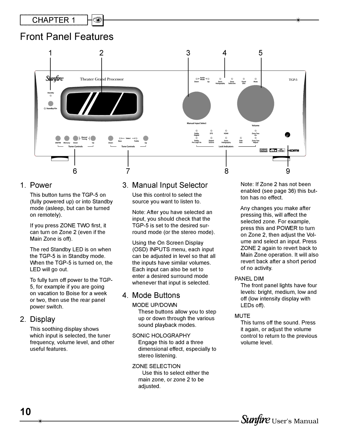 Sunfire TGP-5(E) manual Front Panel Features, Power, Display, Manual Input Selector, Mode Buttons 