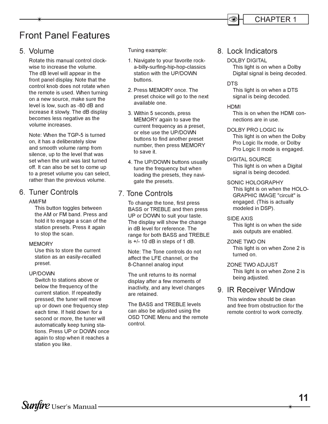 Sunfire TGP-5(E) manual Volume, Tuner Controls, Tone Controls, Lock Indicators, IR Receiver Window 