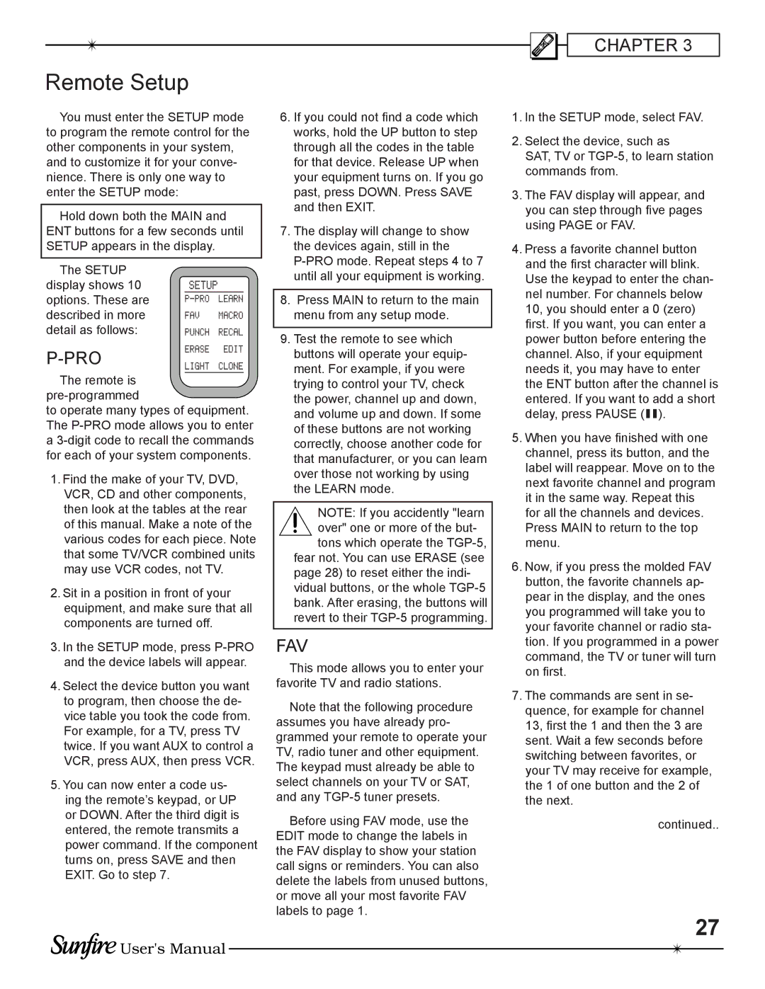 Sunfire TGP-5(E) manual Remote Setup, Pro 