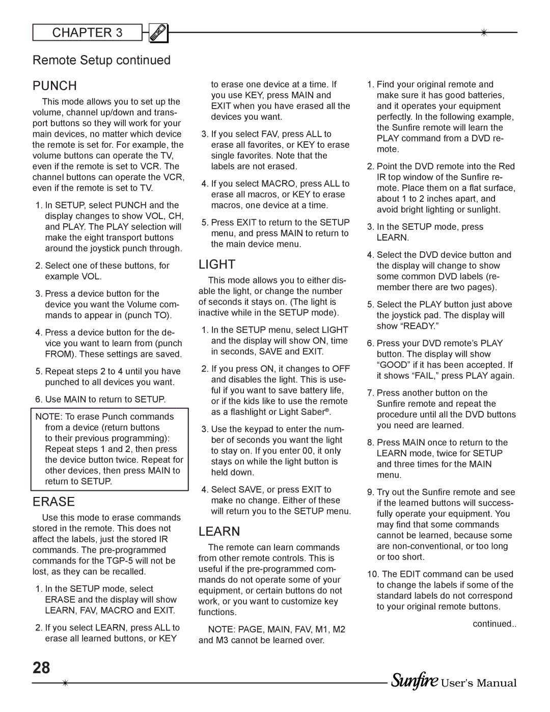 Sunfire TGP-5(E) manual Remote Setup, Learn 