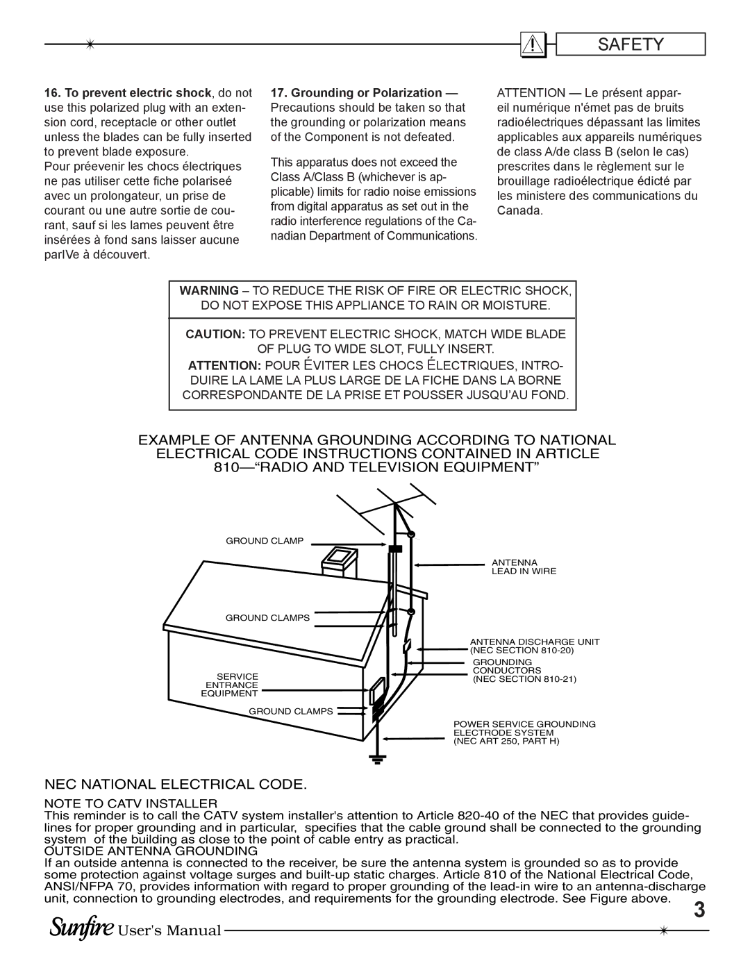 Sunfire TGP-5(E) manual NEC National Electrical Code 