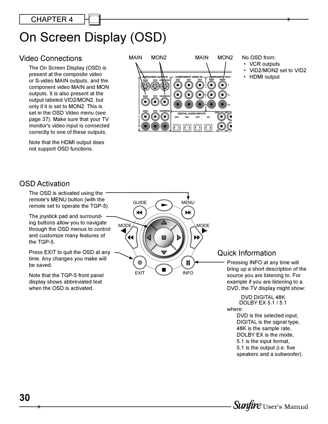 Sunfire TGP-5(E) manual On Screen Display OSD, OSD Activation, Quick Information, Main MON2, DVD Digital 48K 