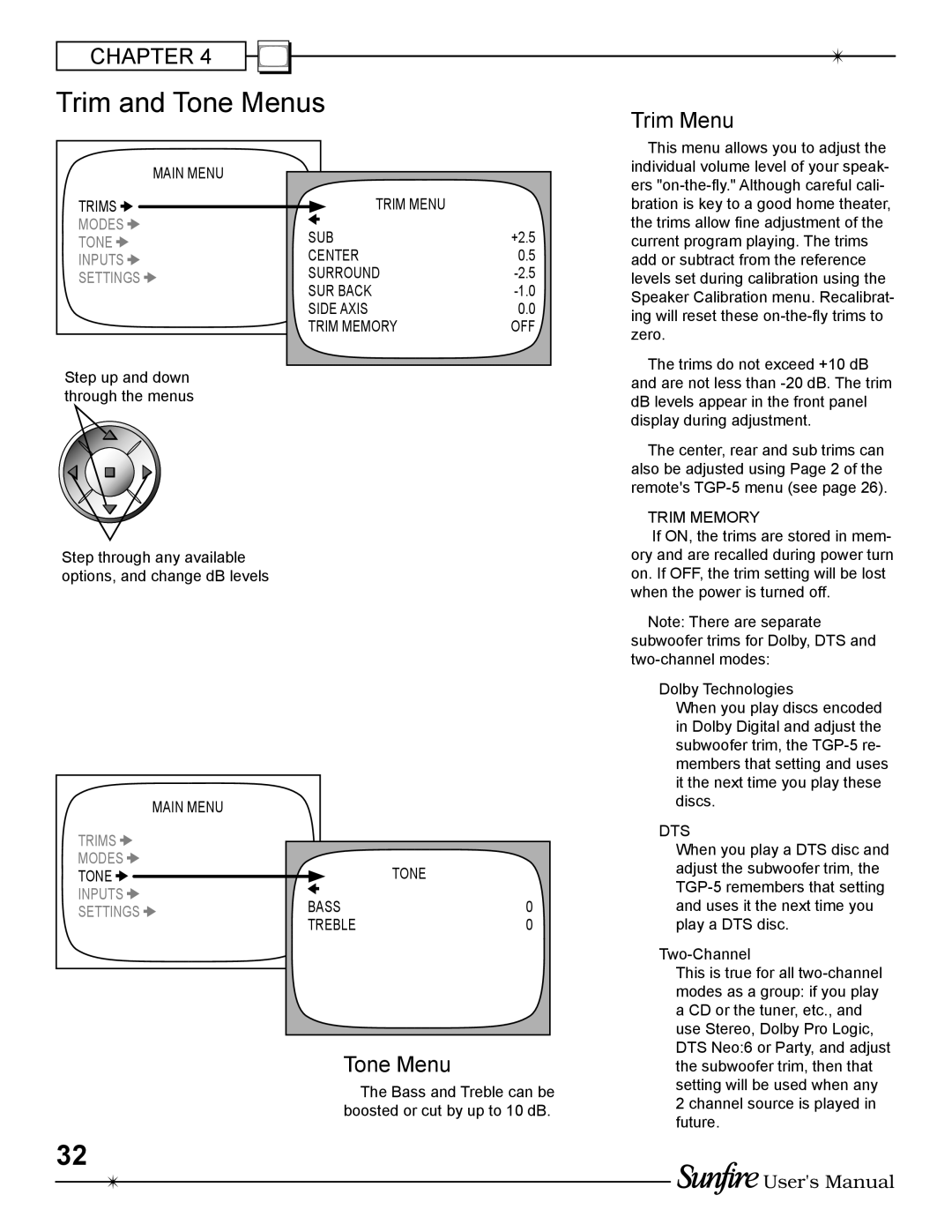 Sunfire TGP-5(E) manual Trim and Tone Menus, Trim Menu 