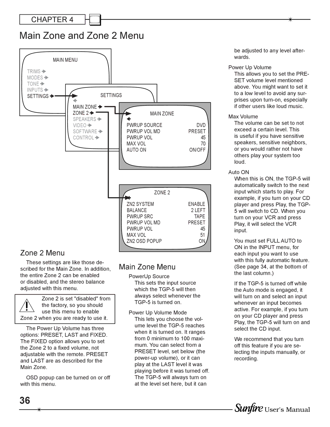 Sunfire TGP-5(E) manual Main Zone and Zone 2 Menu, Main Zone Menu 