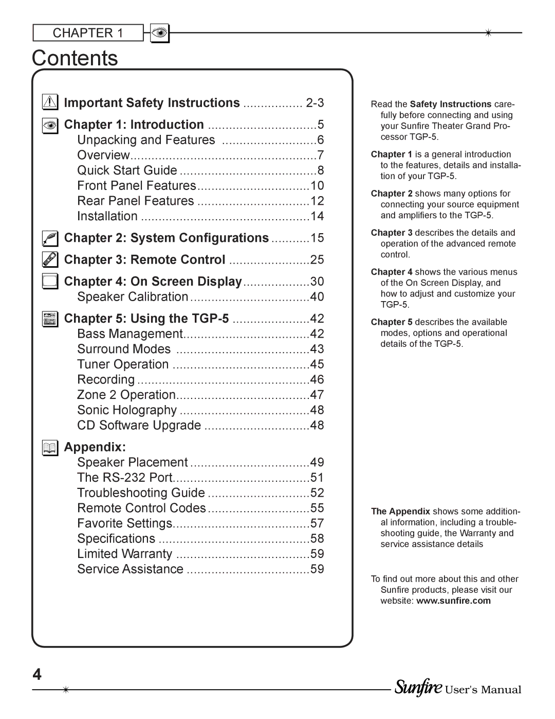 Sunfire TGP-5(E) manual Contents 