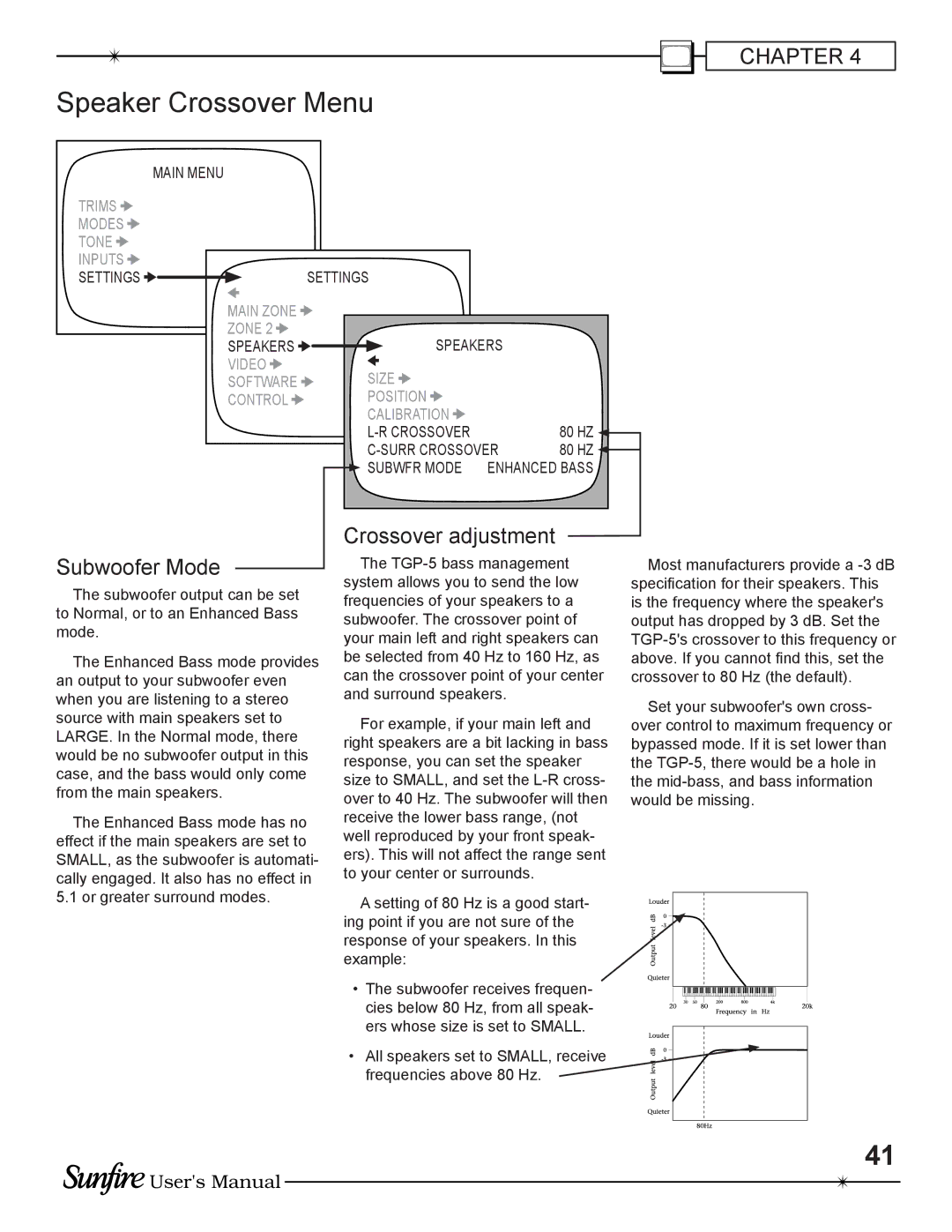 Sunfire TGP-5(E) manual Speaker Crossover Menu, Crossover adjustment Subwoofer Mode, Surr Crossover 