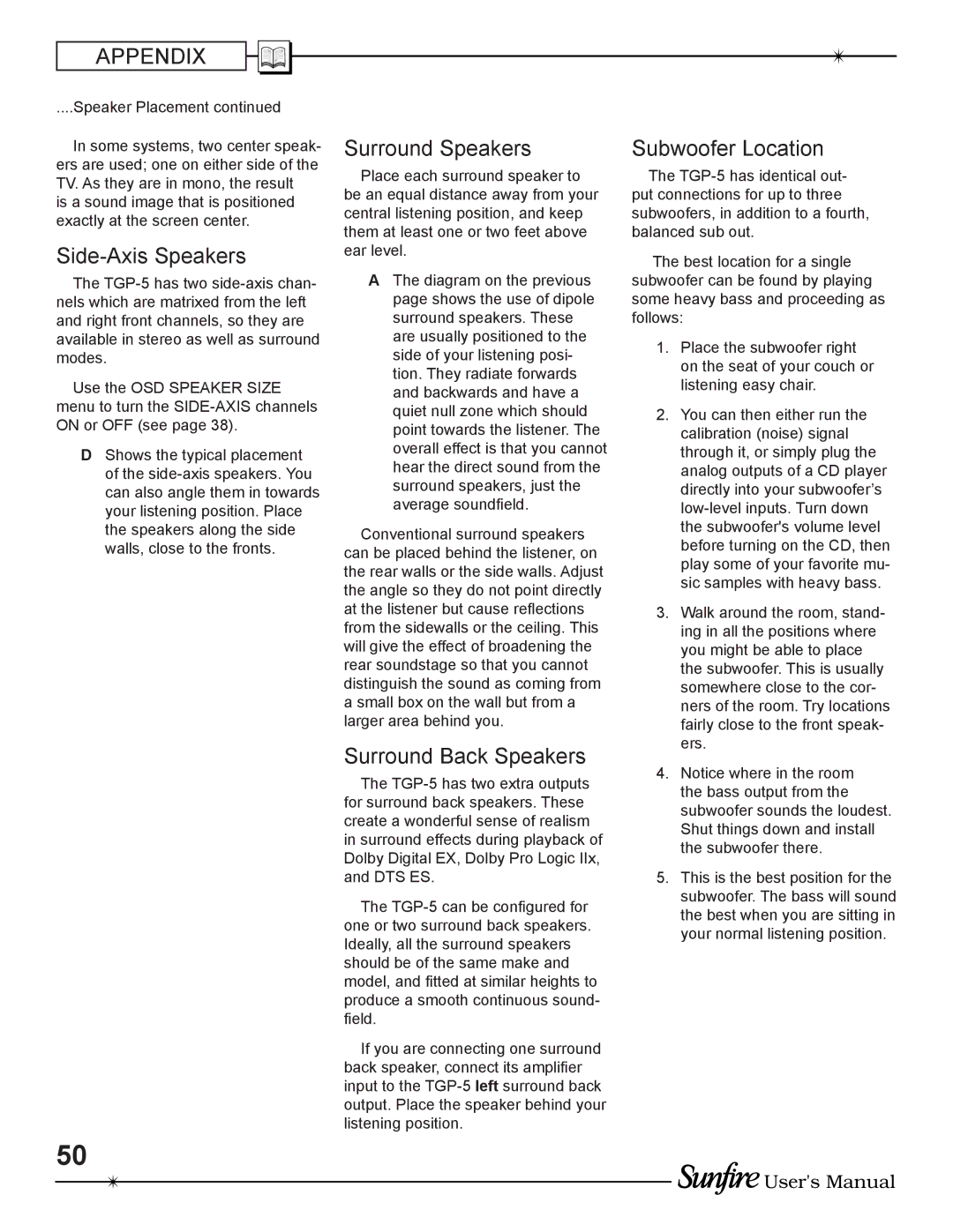 Sunfire TGP-5(E) manual Side-Axis Speakers, Surround Speakers, Subwoofer Location, Surround Back Speakers 