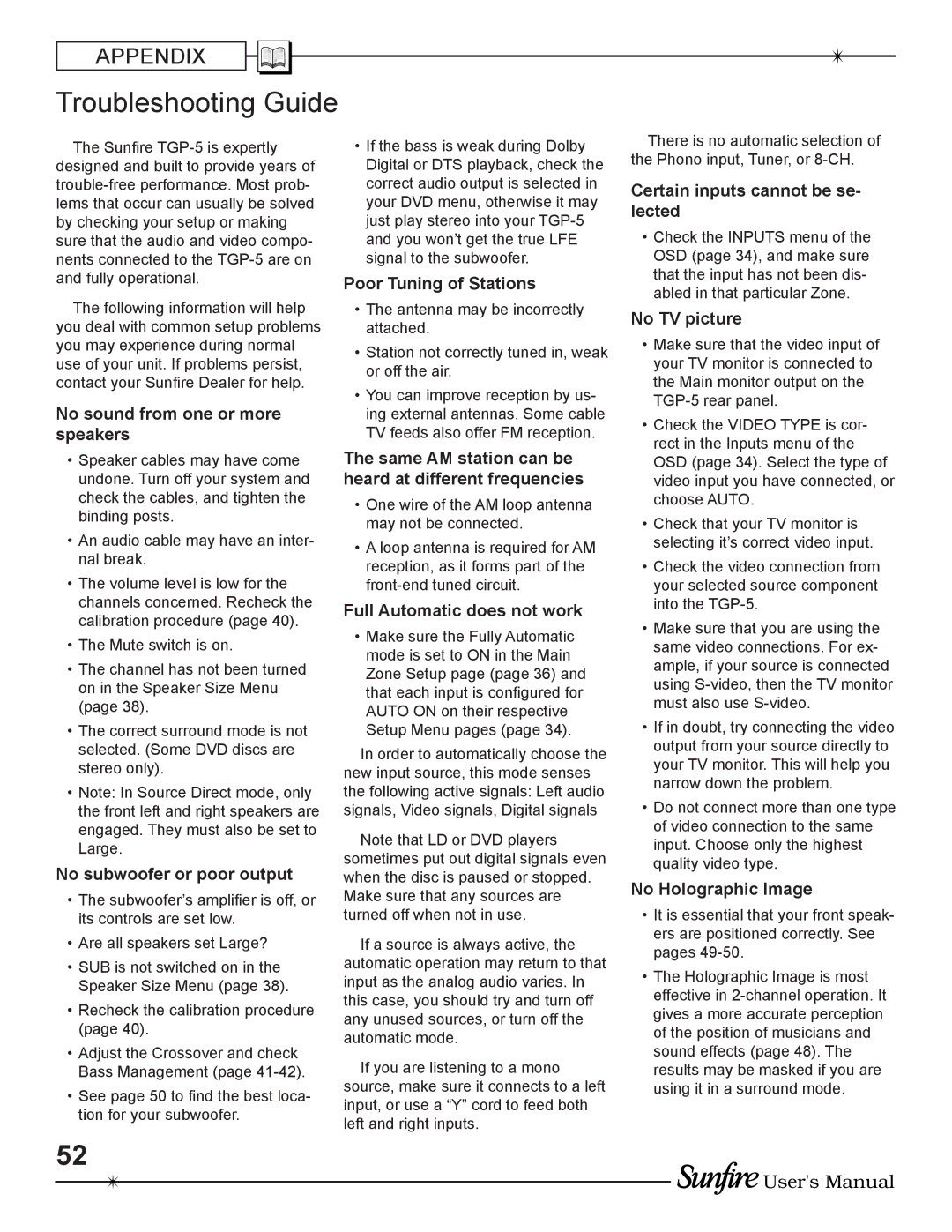 Sunfire TGP-5(E) manual Troubleshooting Guide, No sound from one or more speakers 