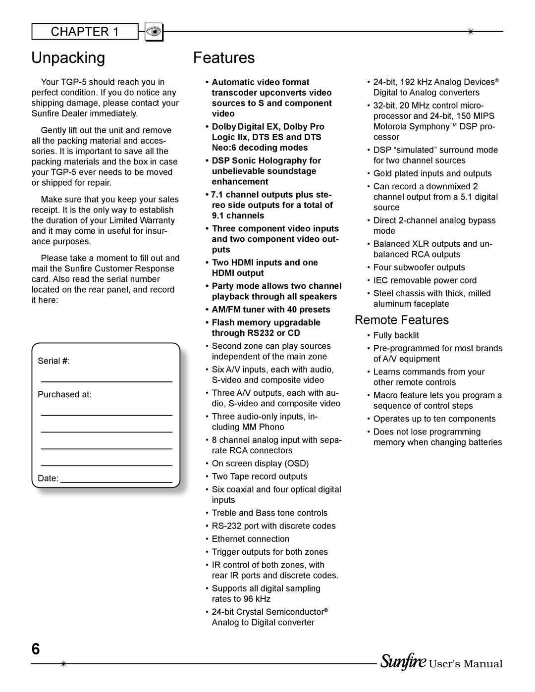 Sunfire TGP-5(E) manual UnpackingFeatures, Remote Features 