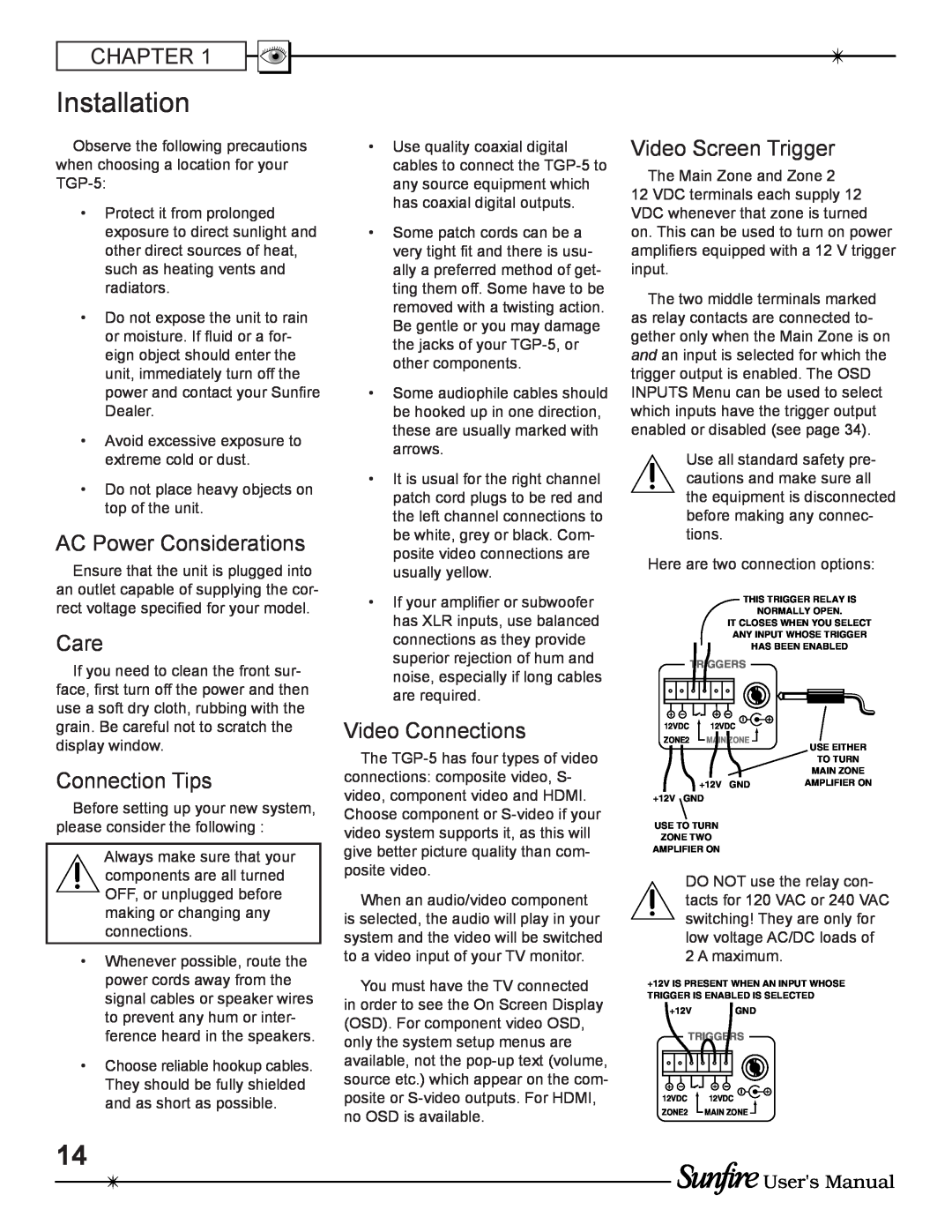 Sunfire TGP-5 manual Installation, Chapter, AC Power Considerations, Care, Connection Tips, Video Connections, Users Manual 