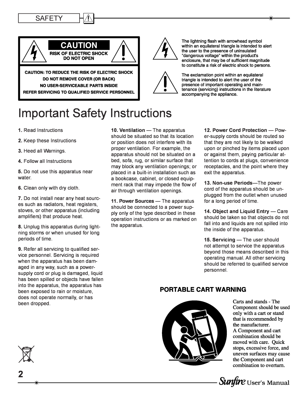Sunfire TGP-5(E) manual Important Safety Instructions, Users Manual 