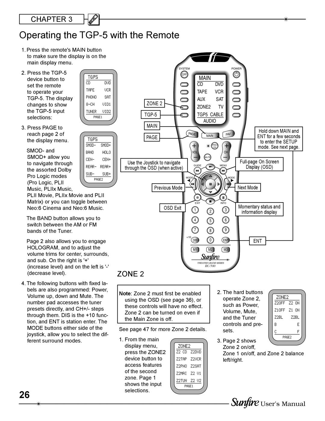 Sunfire TGP-5(E) manual Operating the TGP-5with the Remote, Chapter, Zone, Users Manual, Main 