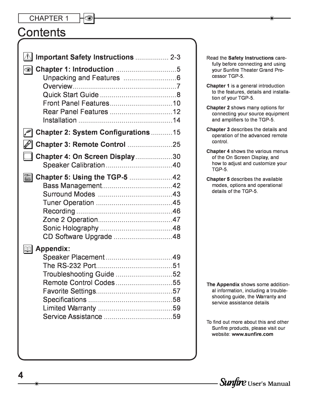 Sunfire TGP-5(E) manual Contents, Appendix 