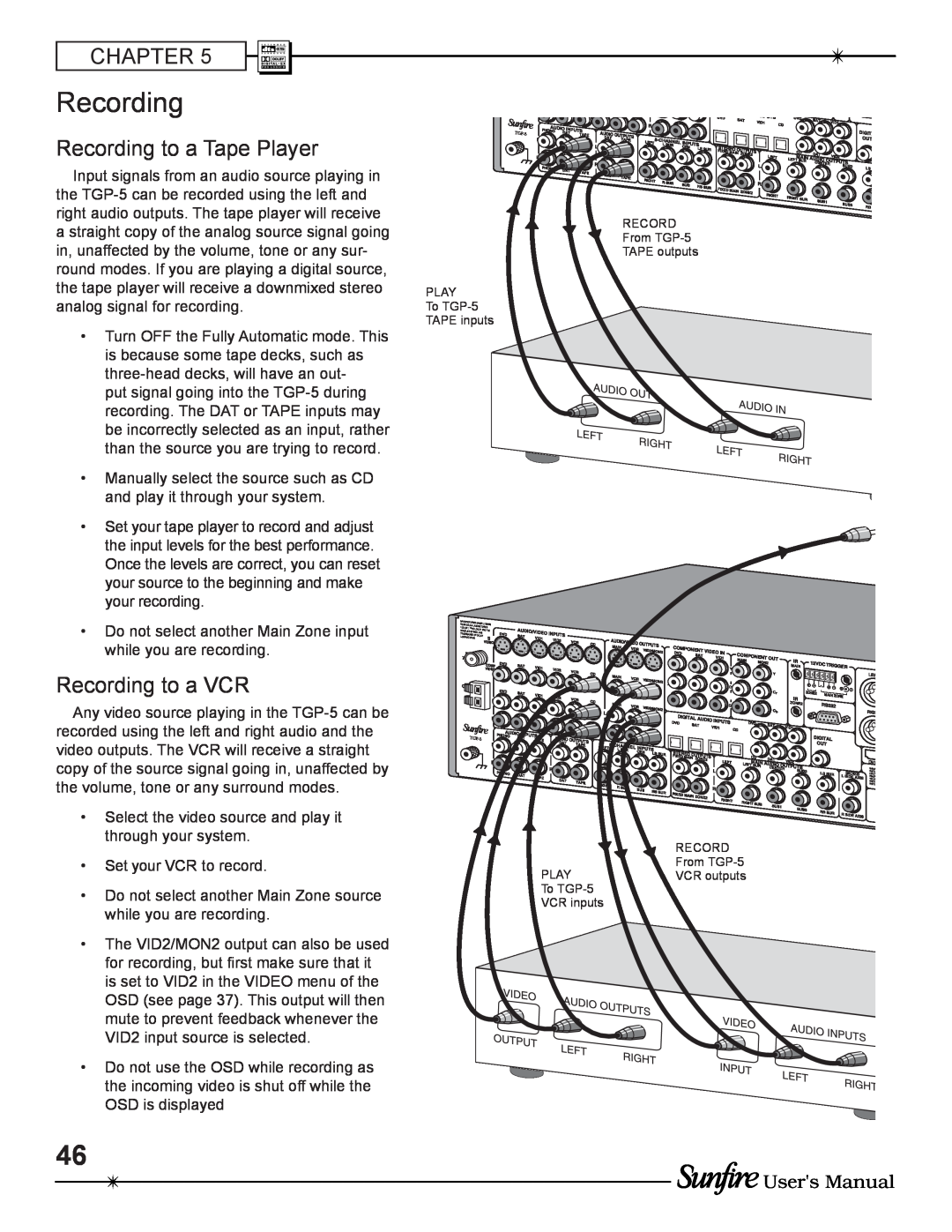 Sunfire TGP-5(E) manual Chapter, Recording to a Tape Player, Recording to a VCR, Users Manual 