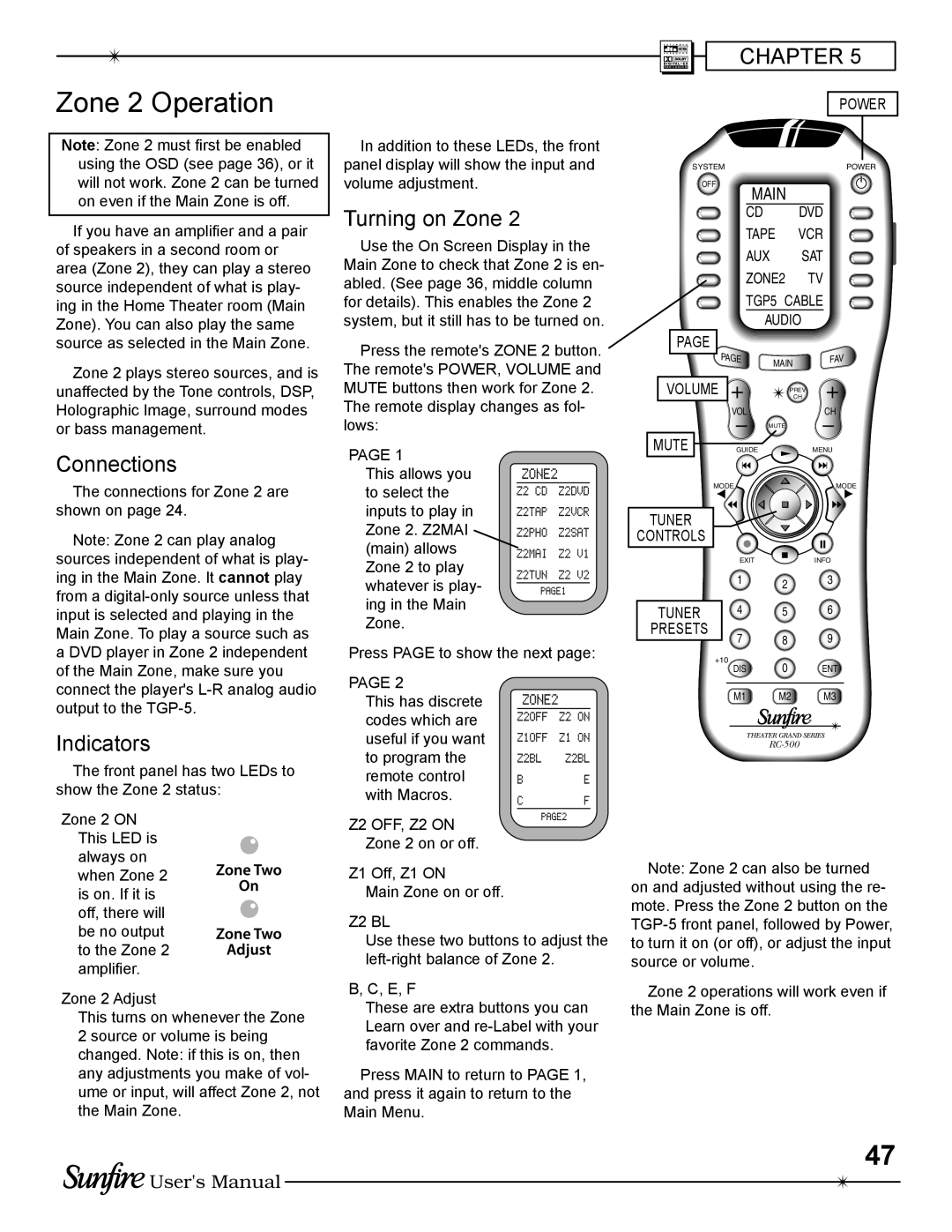 Sunfire TGP-5(E) manual Zone 2 Operation, Connections, Indicators, Turning on Zone, Chapter, Users Manual, Main 