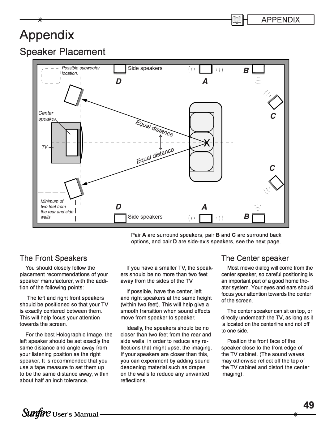 Sunfire TGP-5(E) manual Appendix, Speaker Placement, Users Manual 