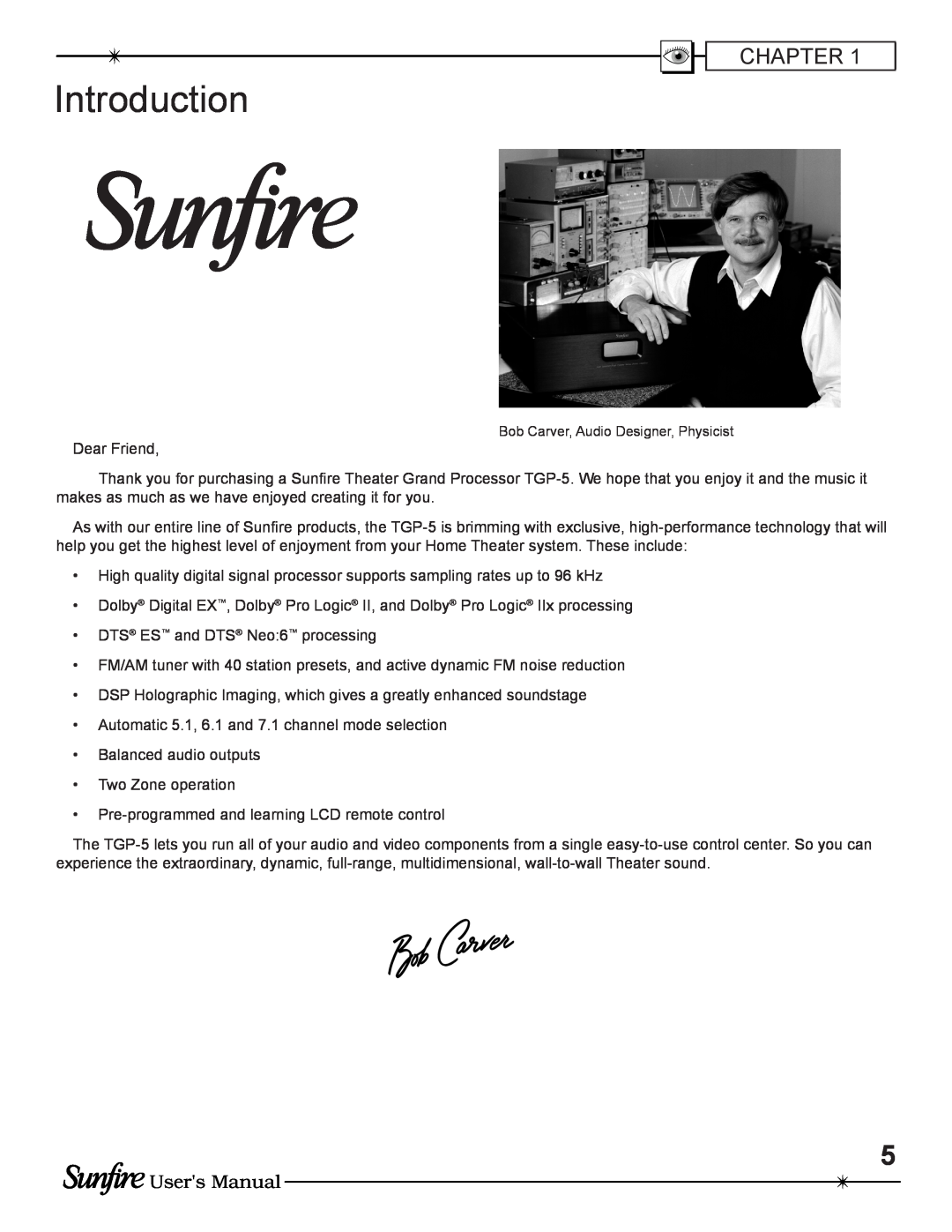 Sunfire TGP-5(E) manual Introduction, Users Manual 