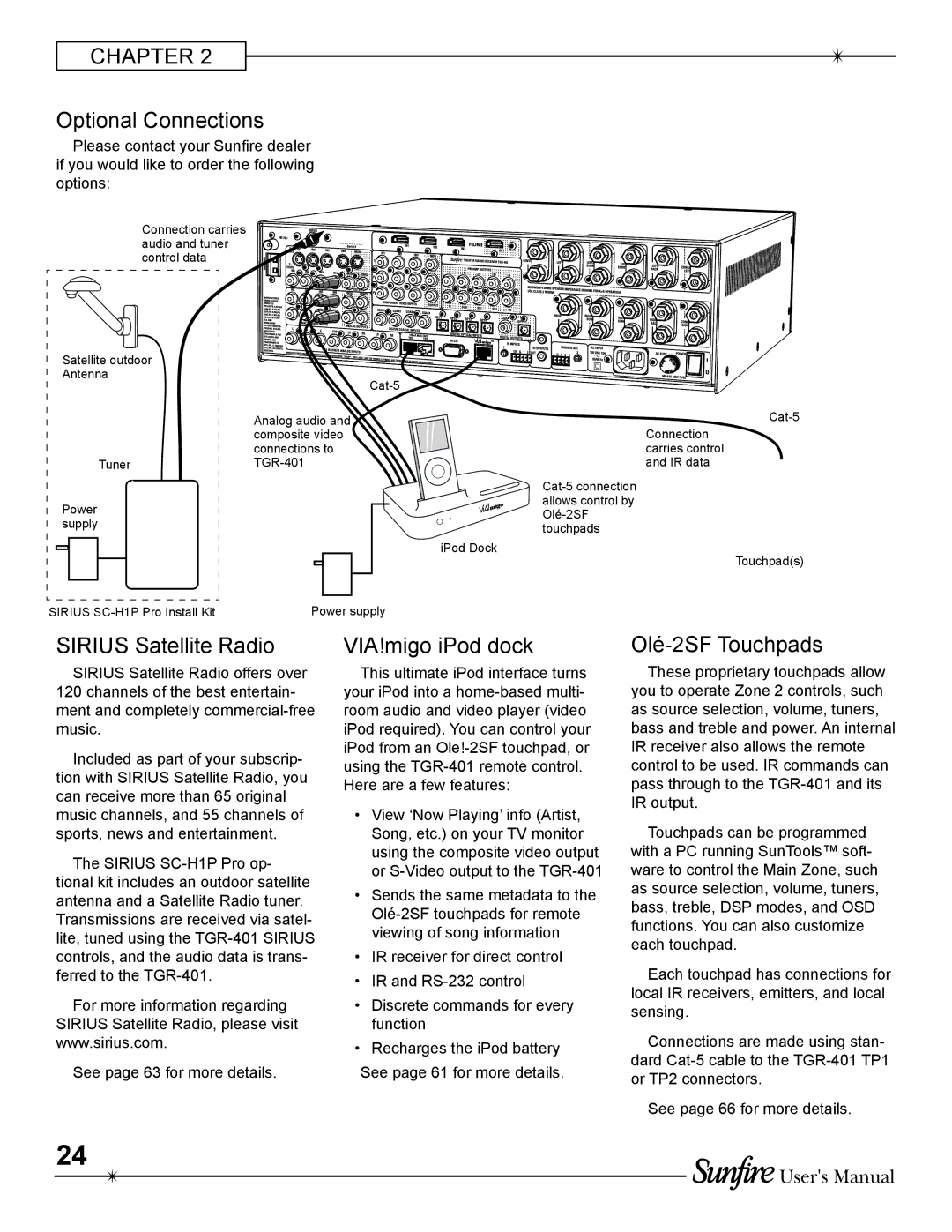 Sunfire TGR-401-230 manual Optional Connections, Sirius Satellite Radio, VIA!migo iPod dock, Olé-2SF Touchpads 