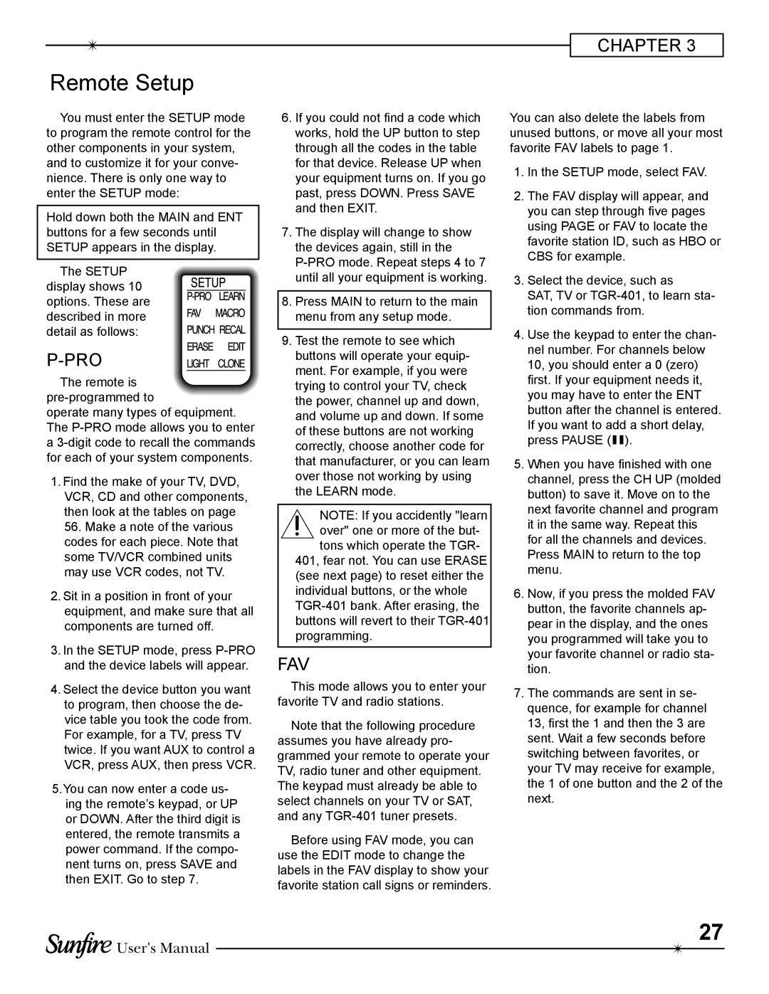 Sunfire TGR-401-230 manual Remote Setup, Pro 