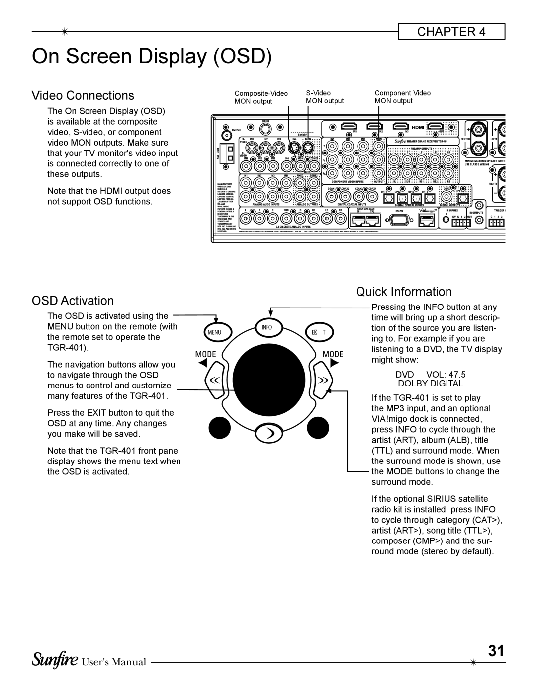 Sunfire TGR-401-230 manual On Screen Display OSD, OSD Activation, Quick Information 