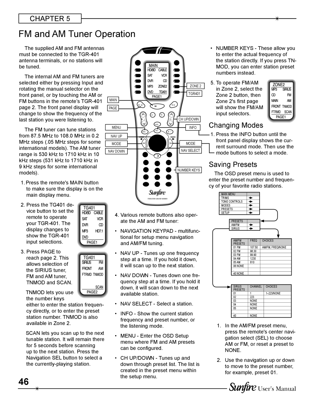 Sunfire TGR-401-230 manual FM and AM Tuner Operation, Changing Modes, Saving Presets 