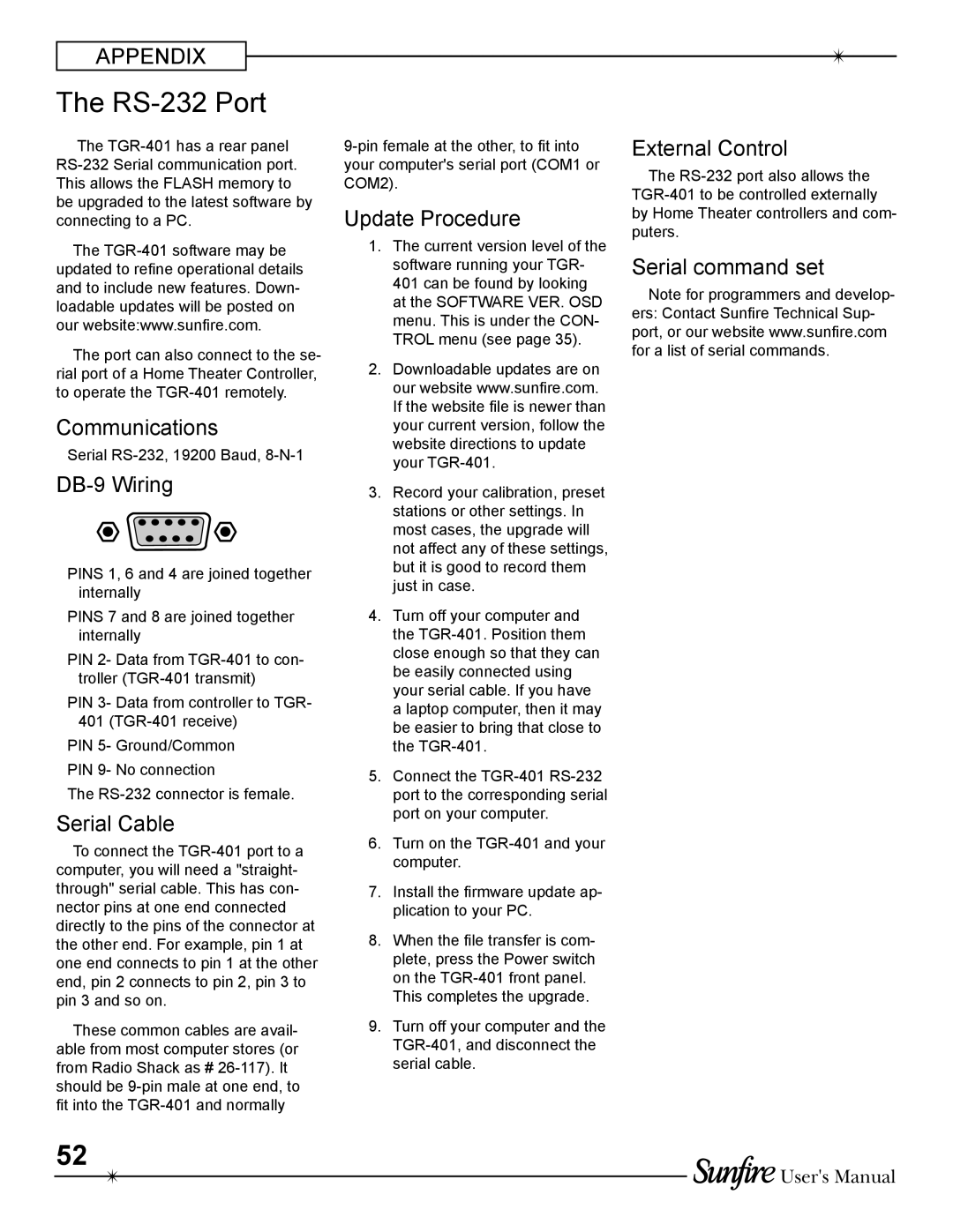 Sunfire TGR-401-230 manual RS-232 Port 