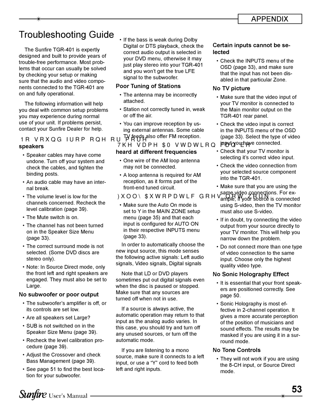 Sunfire TGR-401-230 manual Troubleshooting Guide, No sound from one or more speakers 