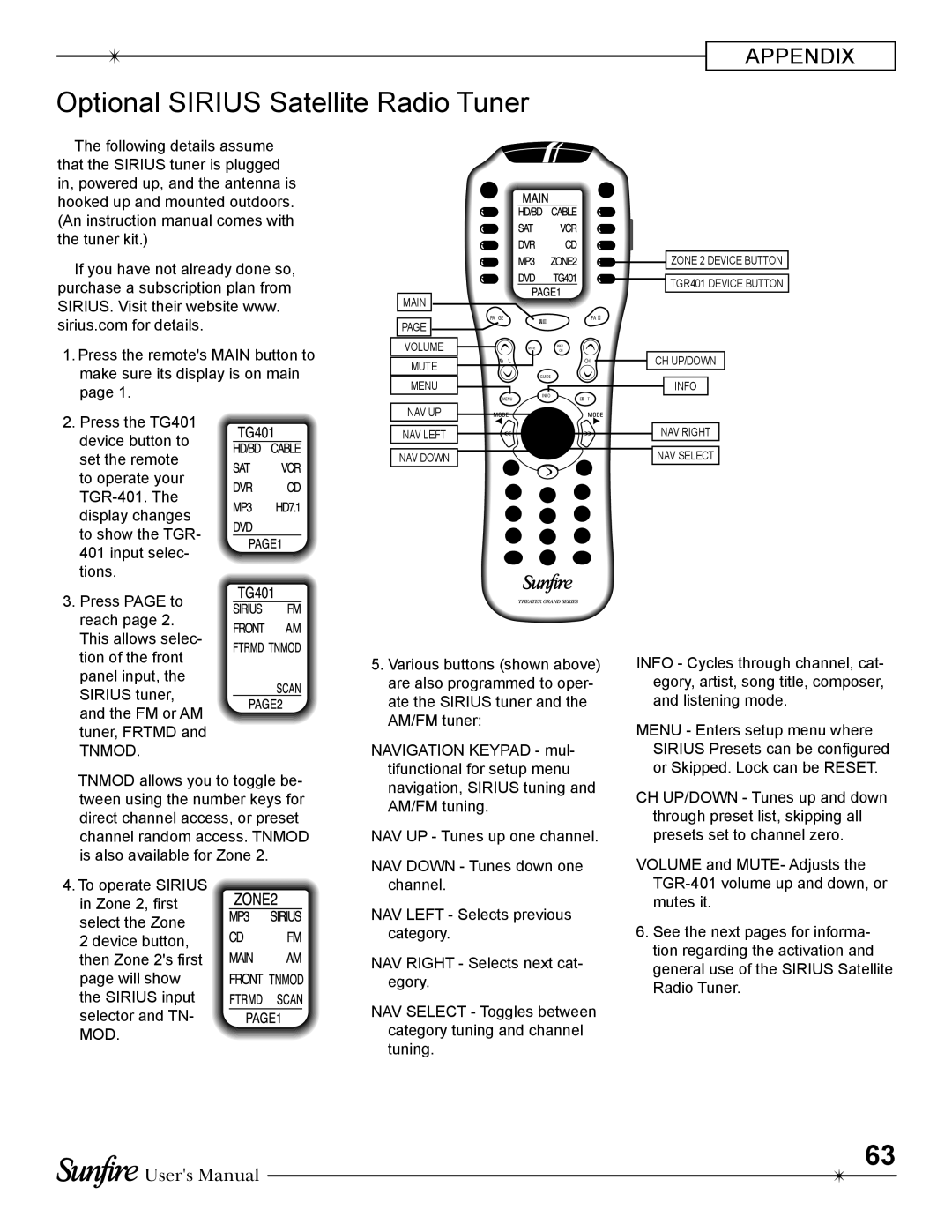 Sunfire TGR-401-230 manual Optional Sirius Satellite Radio Tuner, Tnmod 