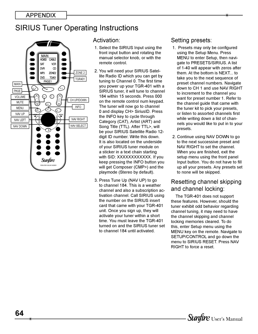 Sunfire TGR-401-230 manual Sirius Tuner Operating Instructions, Activation, Setting presets 