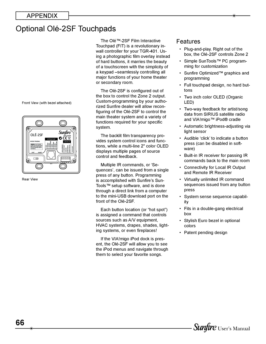 Sunfire TGR-401-230 manual Optional Olé-2SF Touchpads, Led 