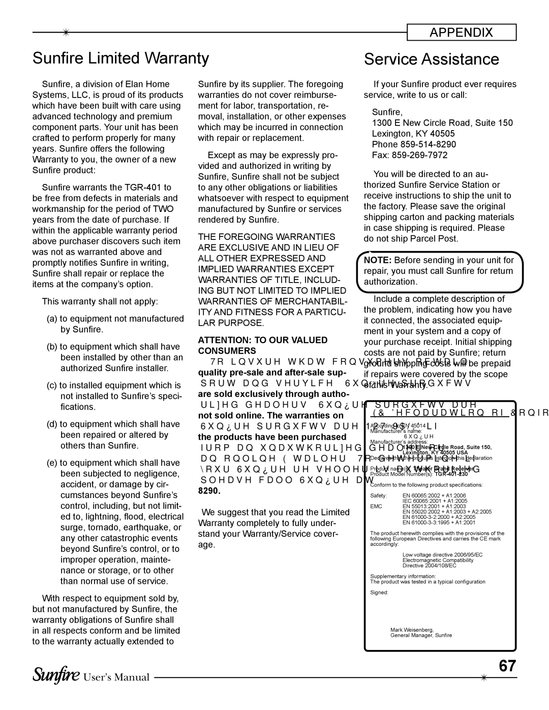 Sunfire TGR-401-230 manual Sunfire Limited Warranty, Service Assistance 