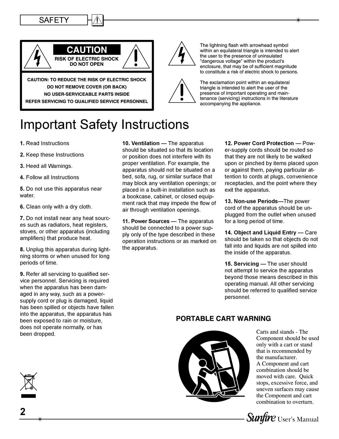 Sunfire TGR-401-230 manual Important Safety Instructions, Users Manual 