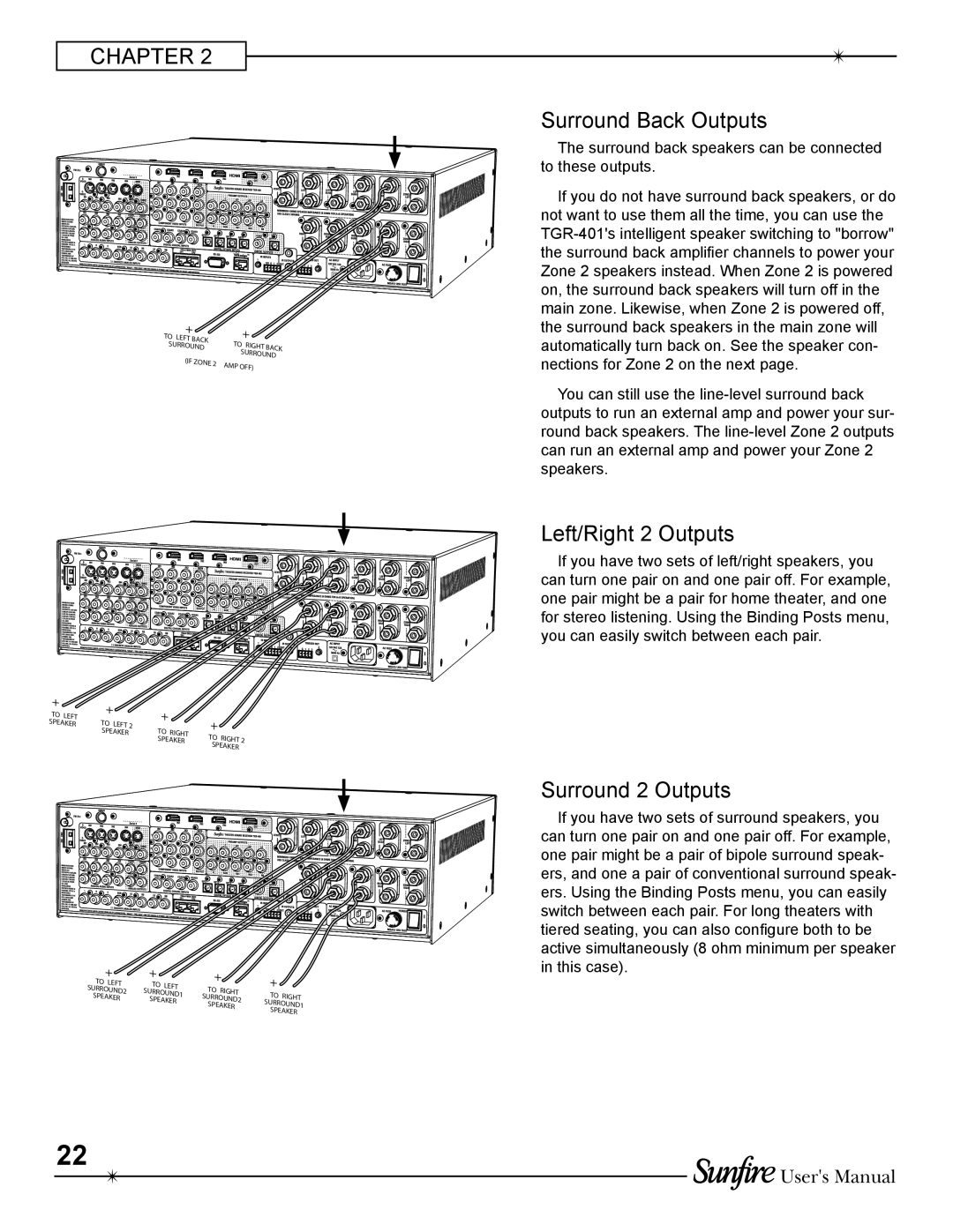 Sunfire TGR-401-230 manual Chapter, Surround Back Outputs, Left/Right 2 Outputs, Surround 2 Outputs, Users Manual 