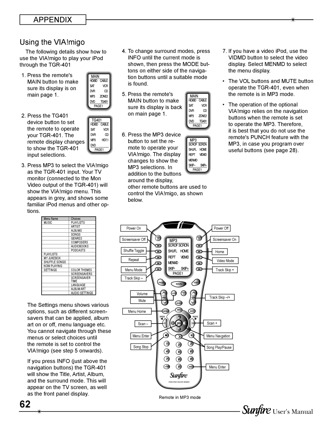 Sunfire TGR-401-230 manual APPENDIX Using the VIA!migo, Users Manual 