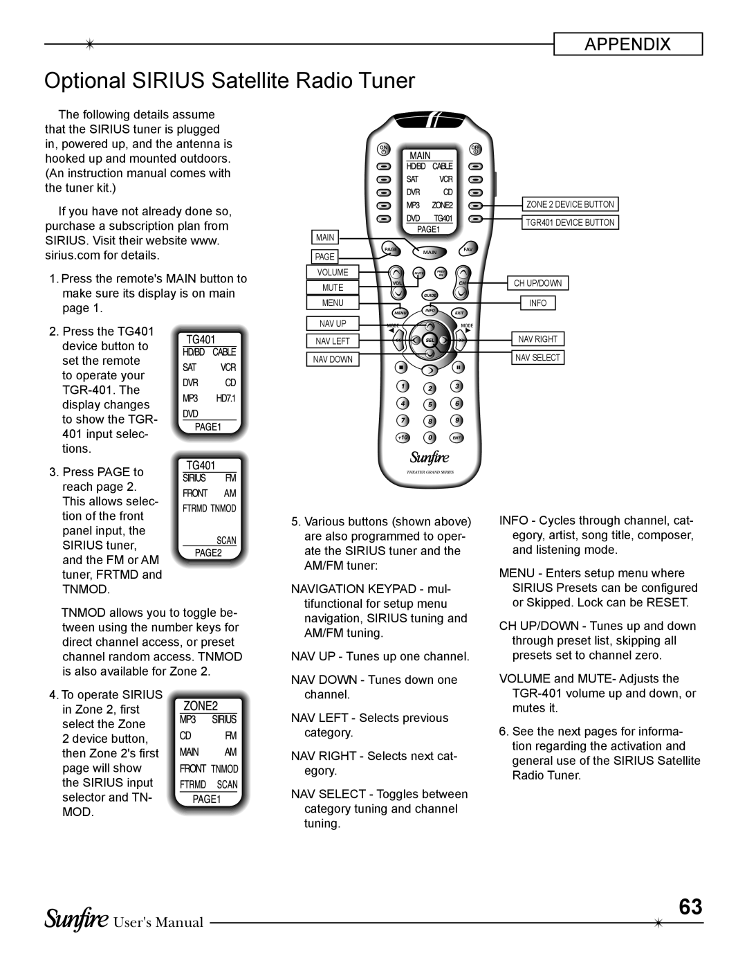 Sunfire TGR-401-230 manual Optional SIRIUS Satellite Radio Tuner, Users Manual 