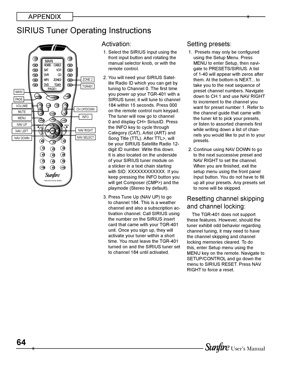 Sunfire TGR-401-230 manual SIRIUS Tuner Operating Instructions, Appendix, Activation, Setting presets, Users Manual 