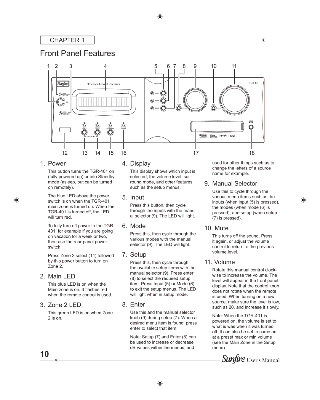 Sunfire TGR401, TGR-401-230 manual Front Panel Features 