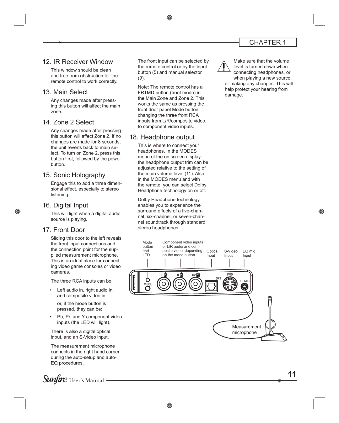 Sunfire TGR-401-230, TGR401 IR Receiver Window, Main Select, Zone 2 Select, Sonic Holography, Digital Input, Front Door 