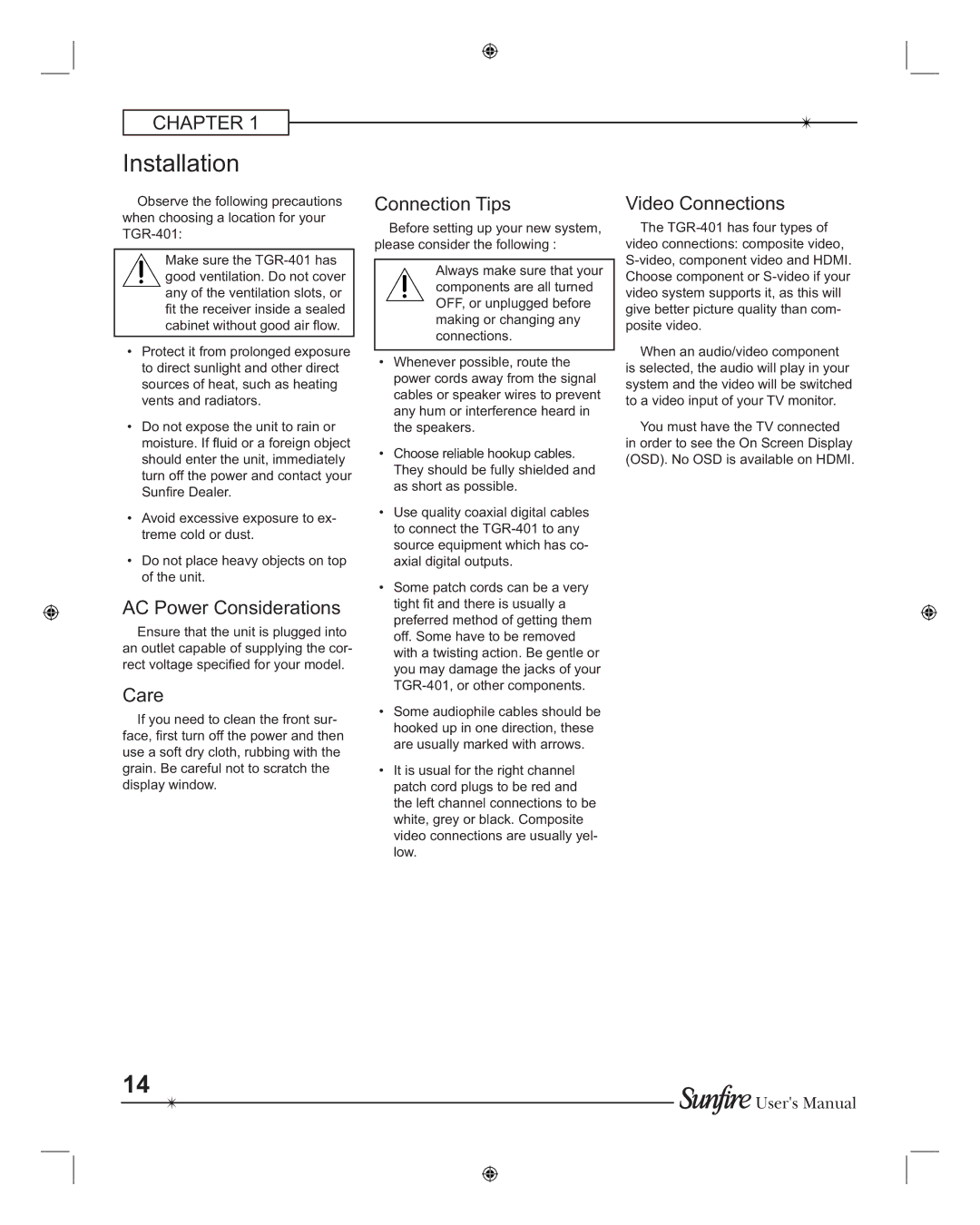 Sunfire TGR401, TGR-401-230 manual Installation, AC Power Considerations, Care, Connection Tips, Video Connections 