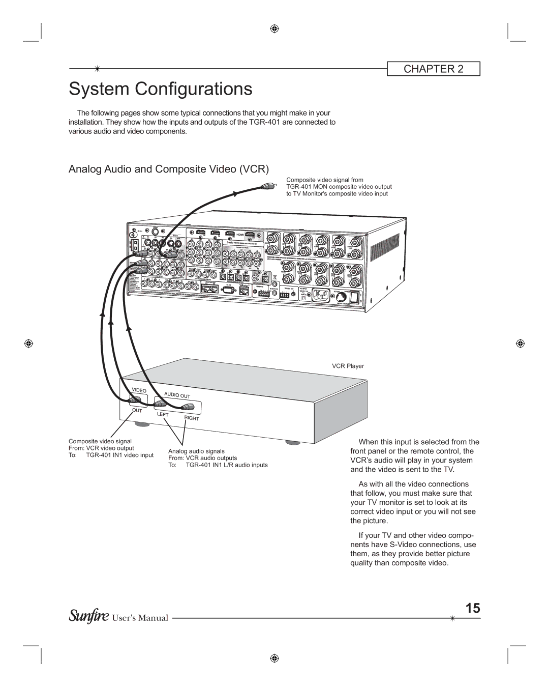 Sunfire TGR-401-230, TGR401 manual System Con gurations, Analog Audio and Composite Video VCR 