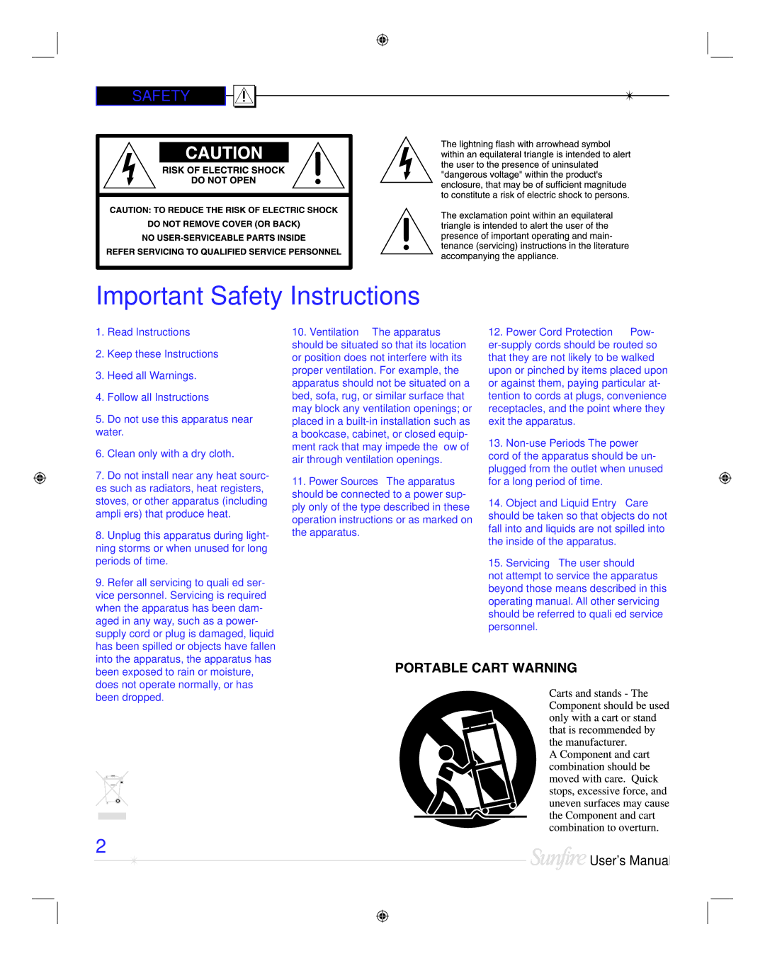 Sunfire TGR401, TGR-401-230 manual Important Safety Instructions 