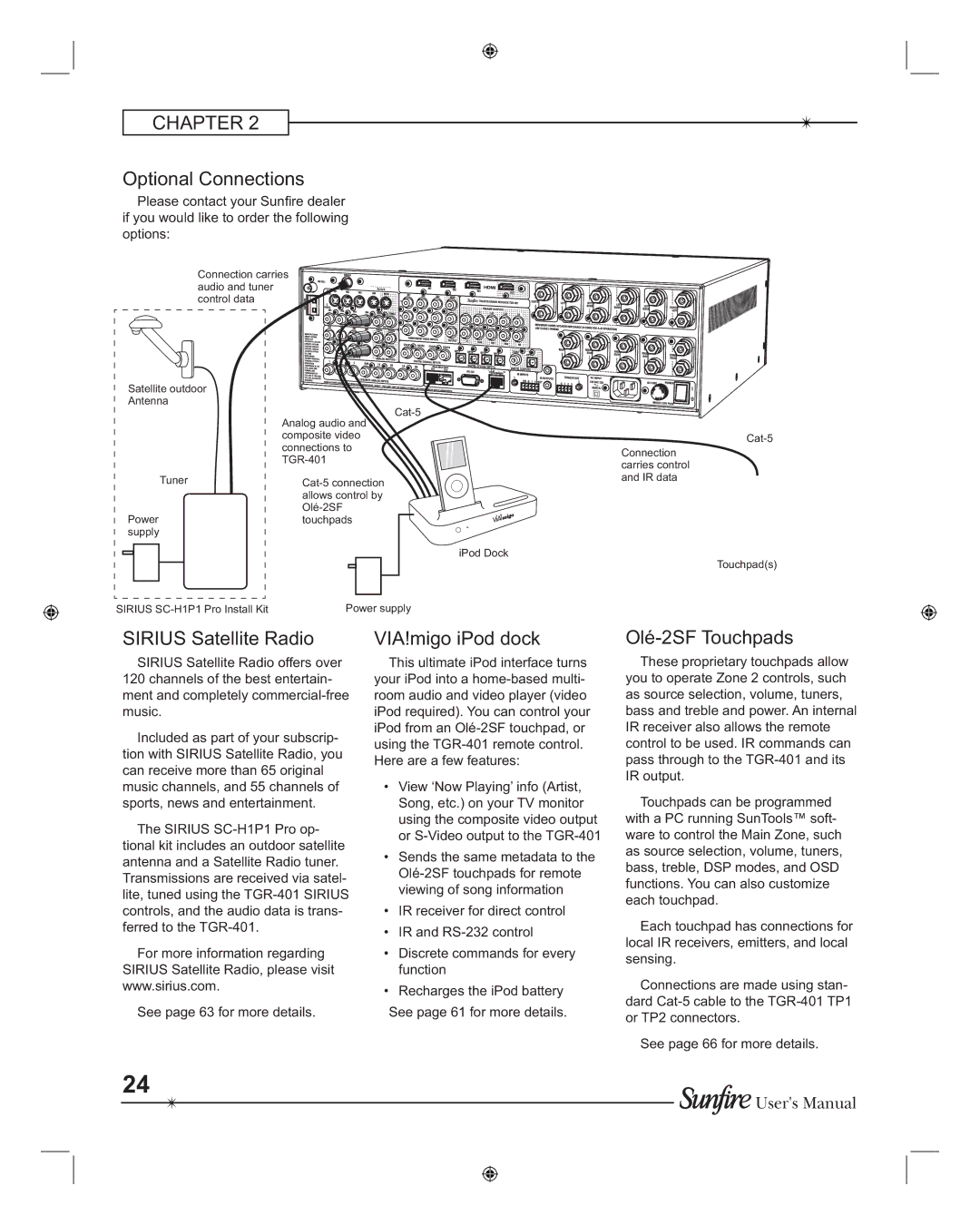 Sunfire TGR401, TGR-401-230 manual Optional Connections, Sirius Satellite Radio, VIA!migo iPod dock, Olé-2SF Touchpads 