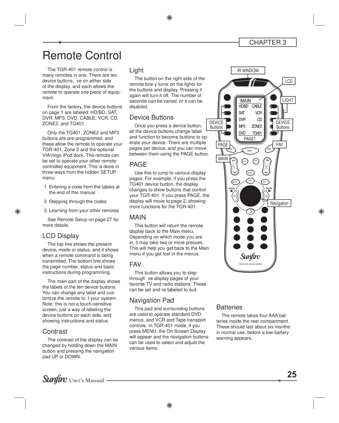 Sunfire TGR-401-230, TGR401 manual Remote Control, Main, Fav 