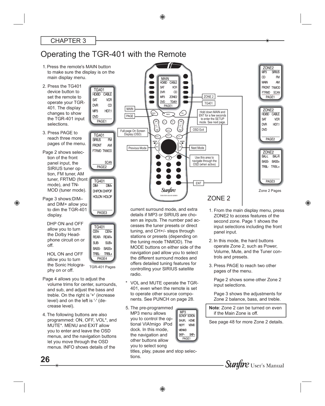 Sunfire TGR401, TGR-401-230 manual Operating the TGR-401 with the Remote, Zone 