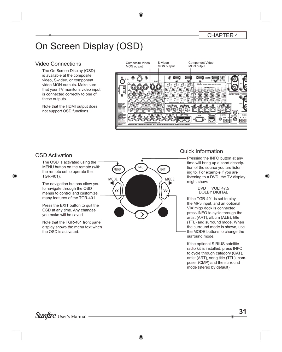 Sunfire TGR-401-230, TGR401 manual On Screen Display OSD, OSD Activation, Quick Information 