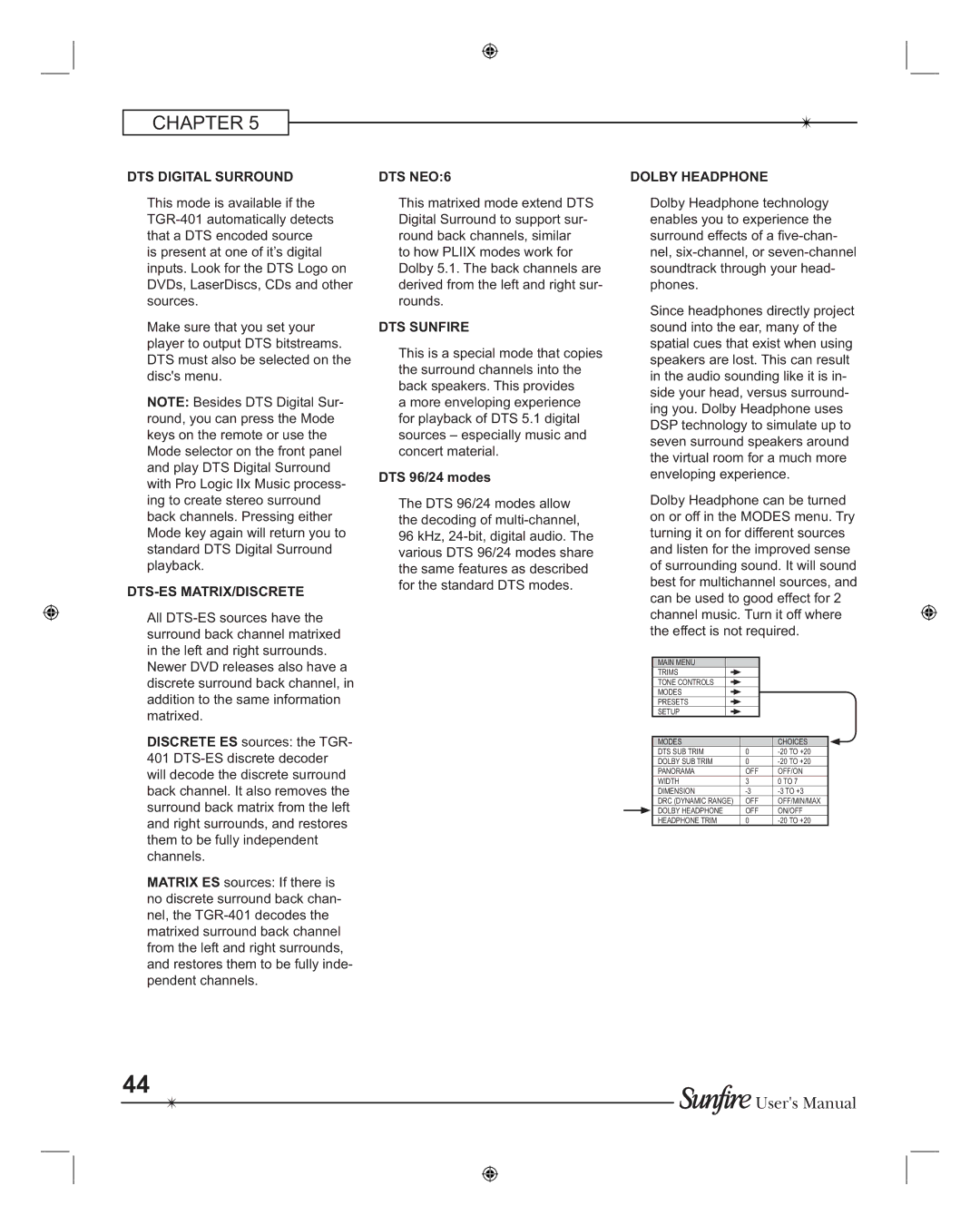 Sunfire TGR401, TGR-401-230 manual DTS Digital Surround DTS NEO6 Dolby Headphone 