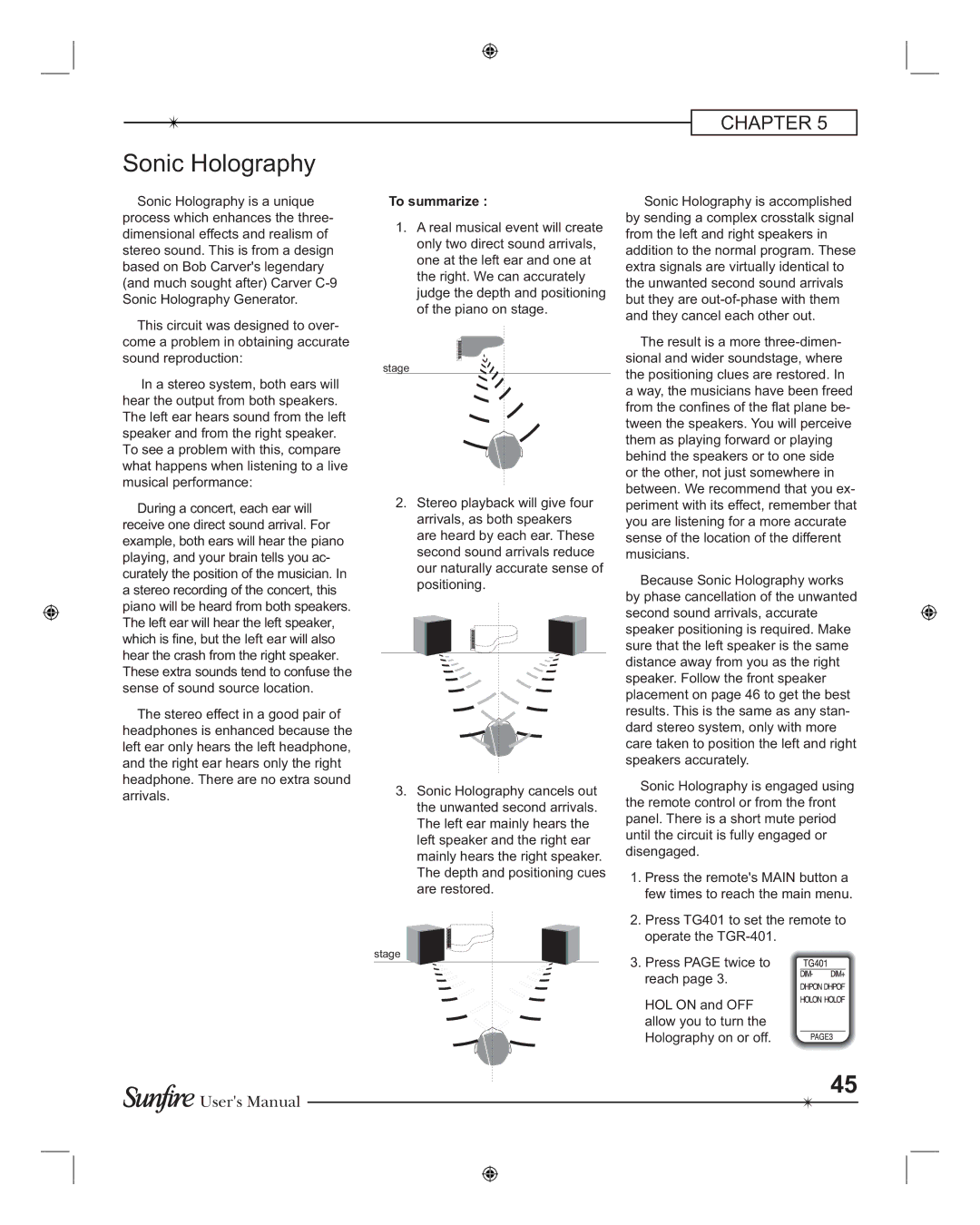 Sunfire TGR-401-230, TGR401 manual Sonic Holography, To summarize 